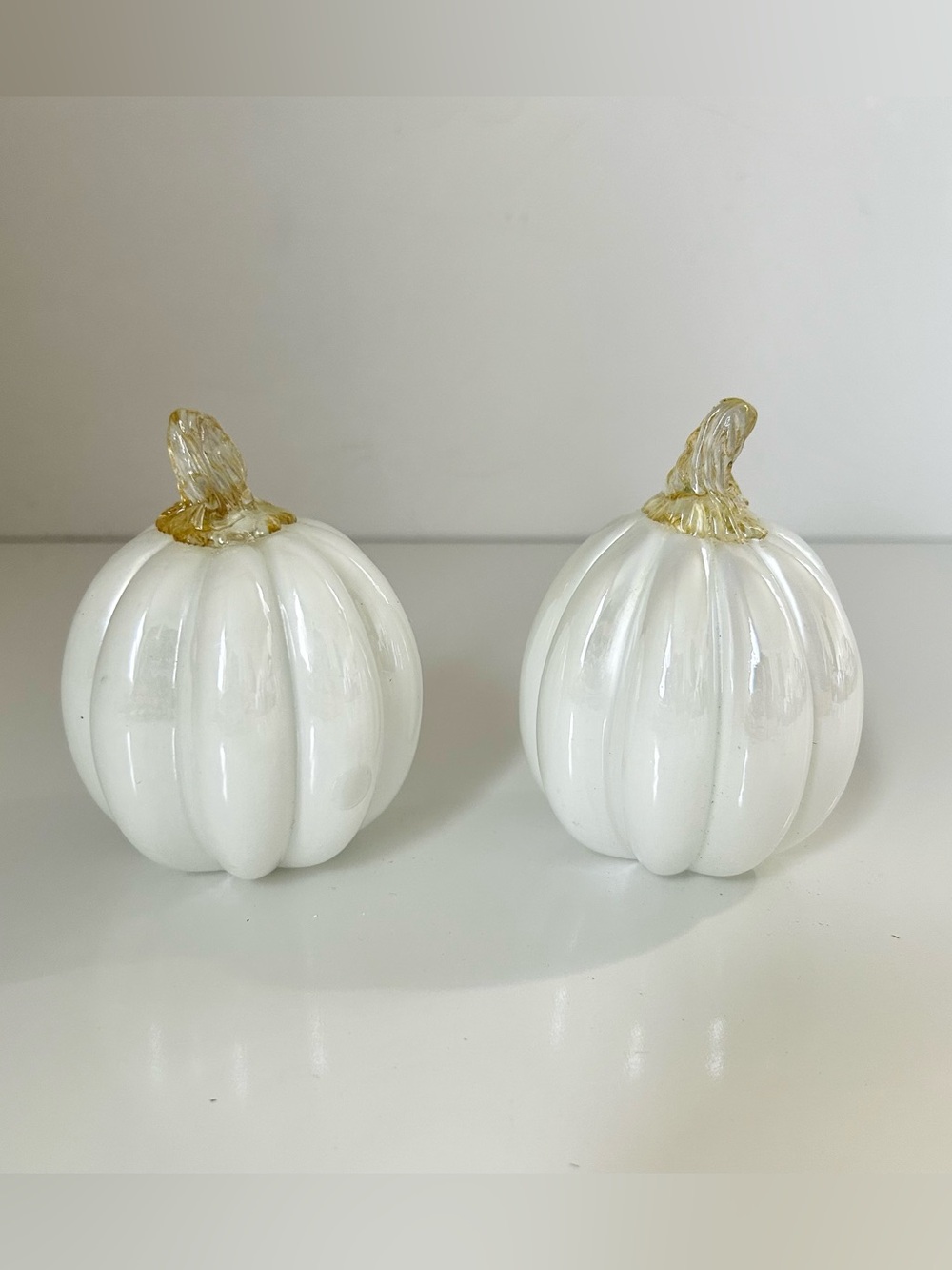 Set of Two White Glass Pumpkins